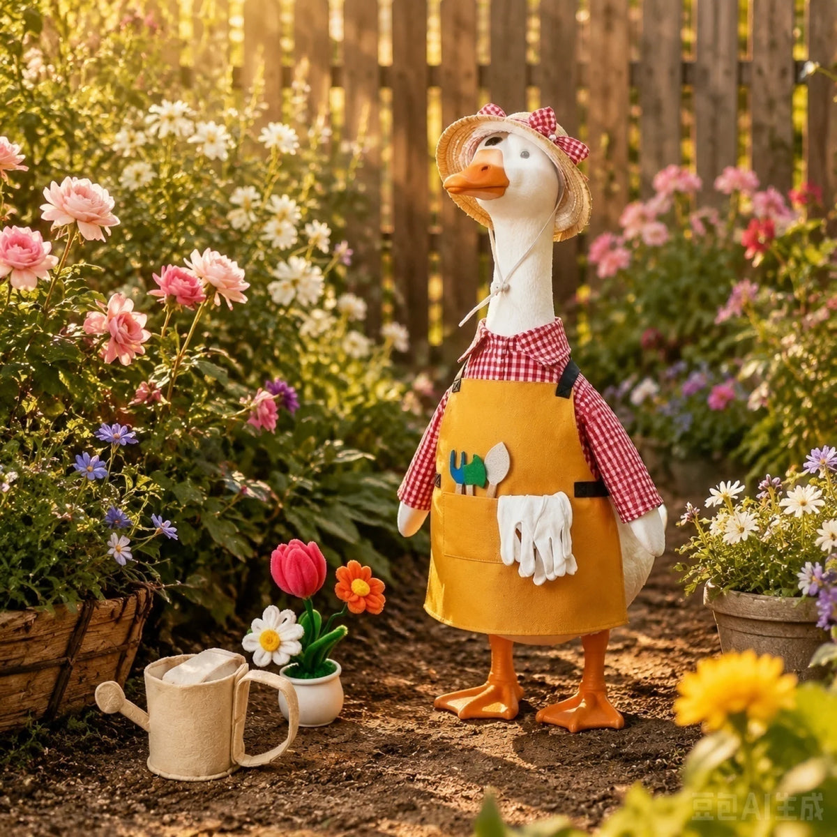 Garden Porch Goose Costume Porch Goose Statue with Gardener Outfit and Accessories Hat Scarf ,Watering Can and Flowerpot