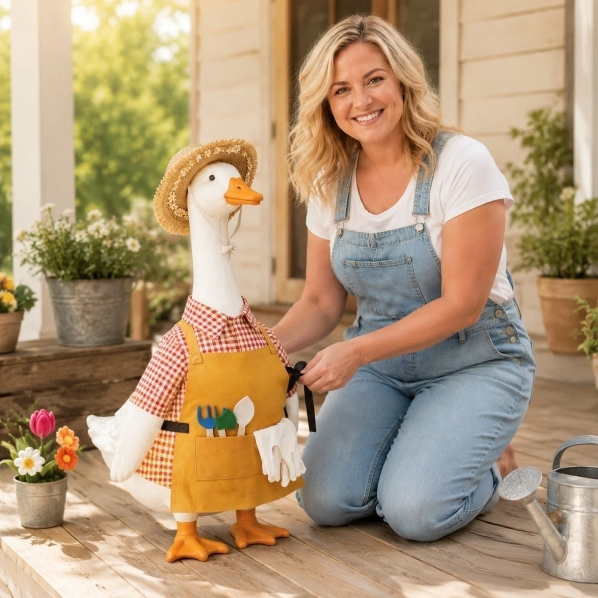 Garden Porch Goose Costume Porch Goose Statue with Gardener Outfit and Accessories Hat Scarf ,Watering Can and Flowerpot