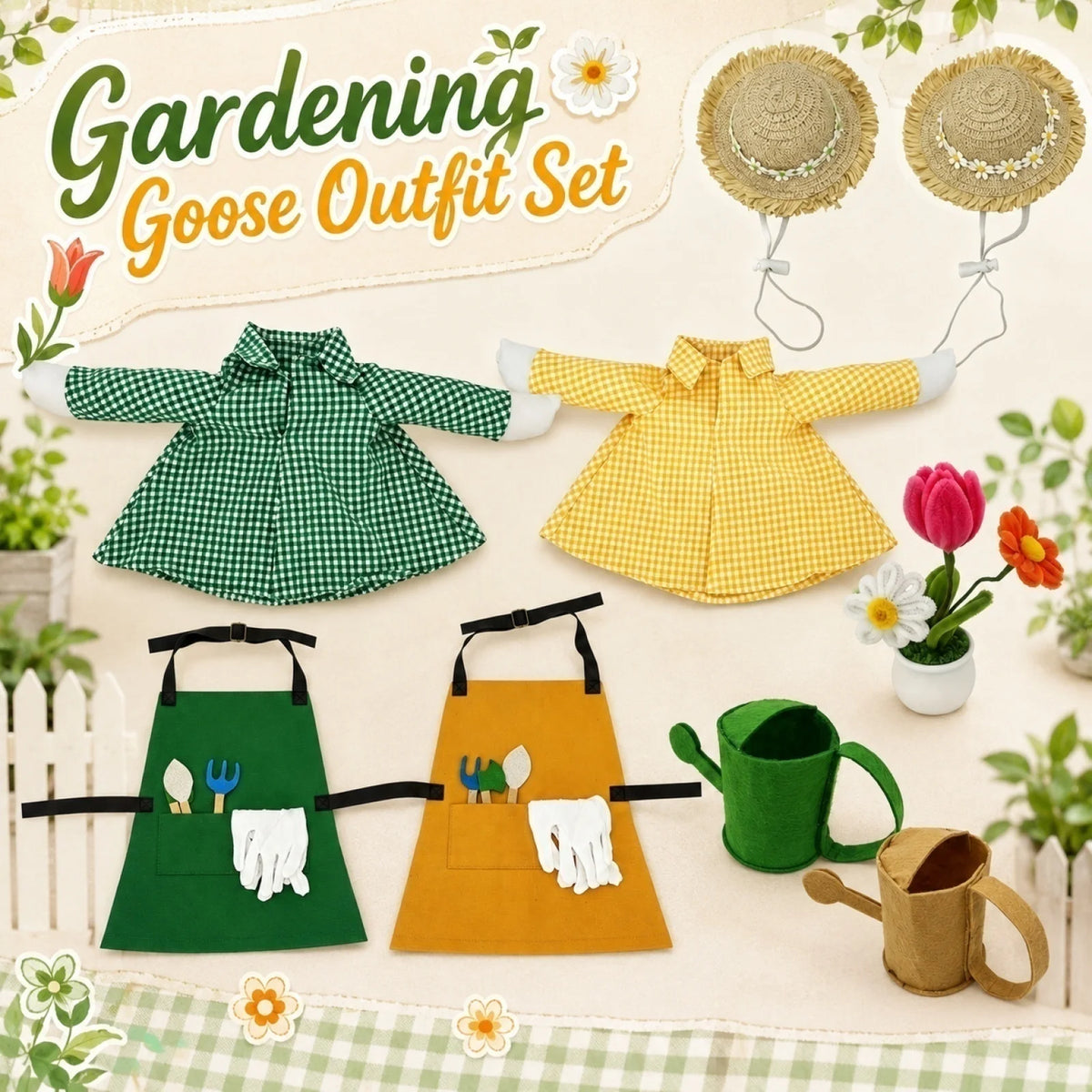 Garden Porch Goose Costume Porch Goose Statue with Gardener Outfit and Accessories Hat Scarf ,Watering Can and Flowerpot